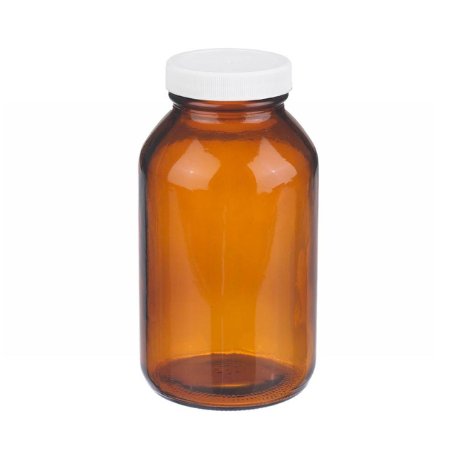 Amber Wide Mouth Packer Glass Bottles with White Polypropylene Caps