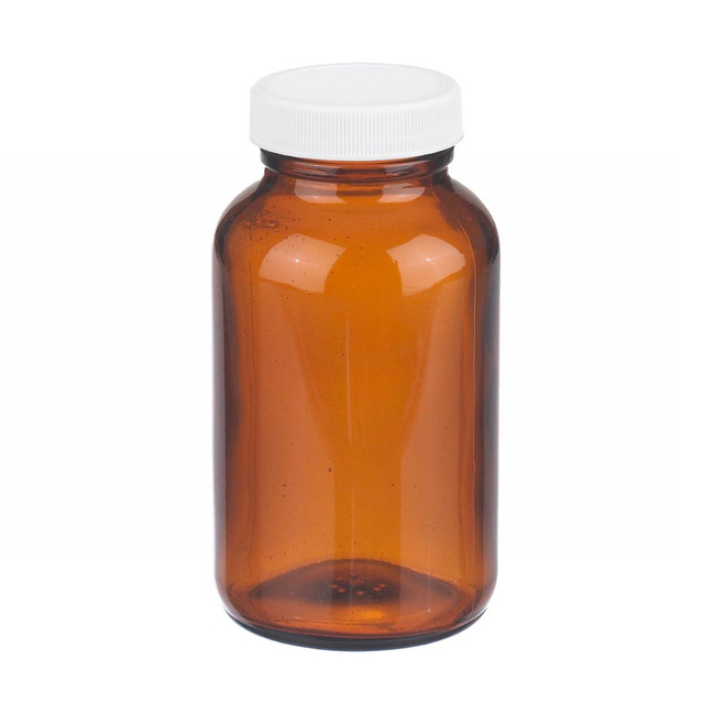 Amber Wide Mouth Packer Glass Bottles with White Polypropylene Caps