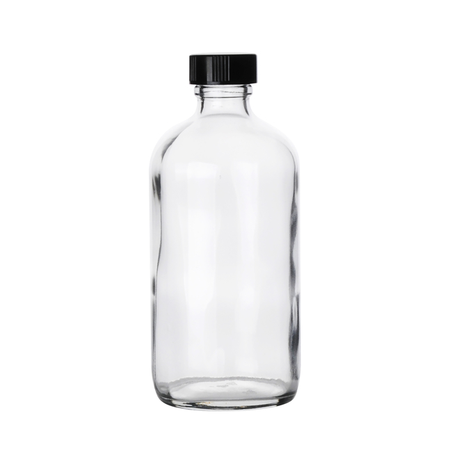 Clear Boston Round Glass Bottles with Black Phenolic Caps