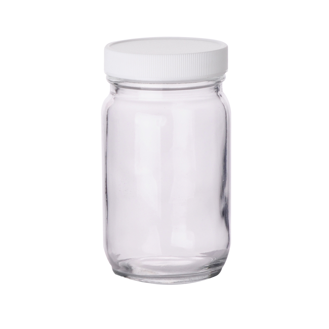 Clear Standard Wide Mouth Glass Bottles with White Polypropylene Caps