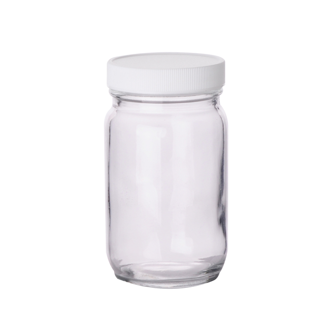 Clear Standard Wide Mouth Glass Bottles with White Polypropylene Caps