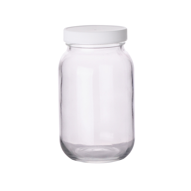 Clear Standard Wide Mouth Glass Bottles with White Polypropylene Caps