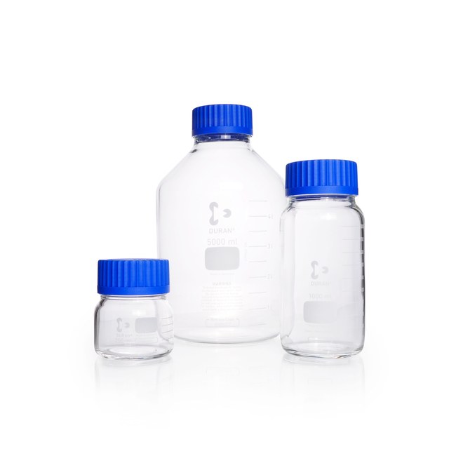 DURAN&trade; GLS 80&trade; Laboratory Bottle, Wide Mouth, Clear, GLS 80&trade; Thread, Graduated, with Screw Cap and Pouring Ring