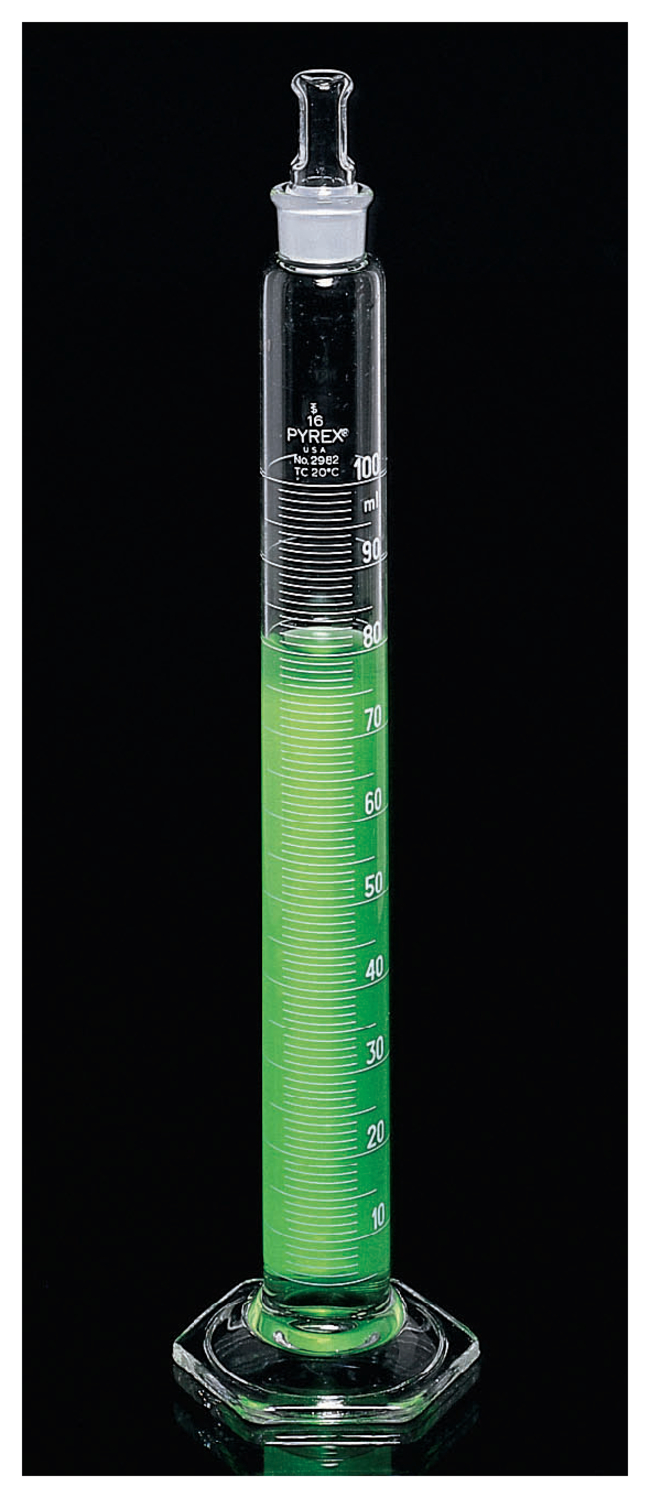 PYREX&trade; Class B Mixing Cylinders with Standard Taper Stopper, White Graduations